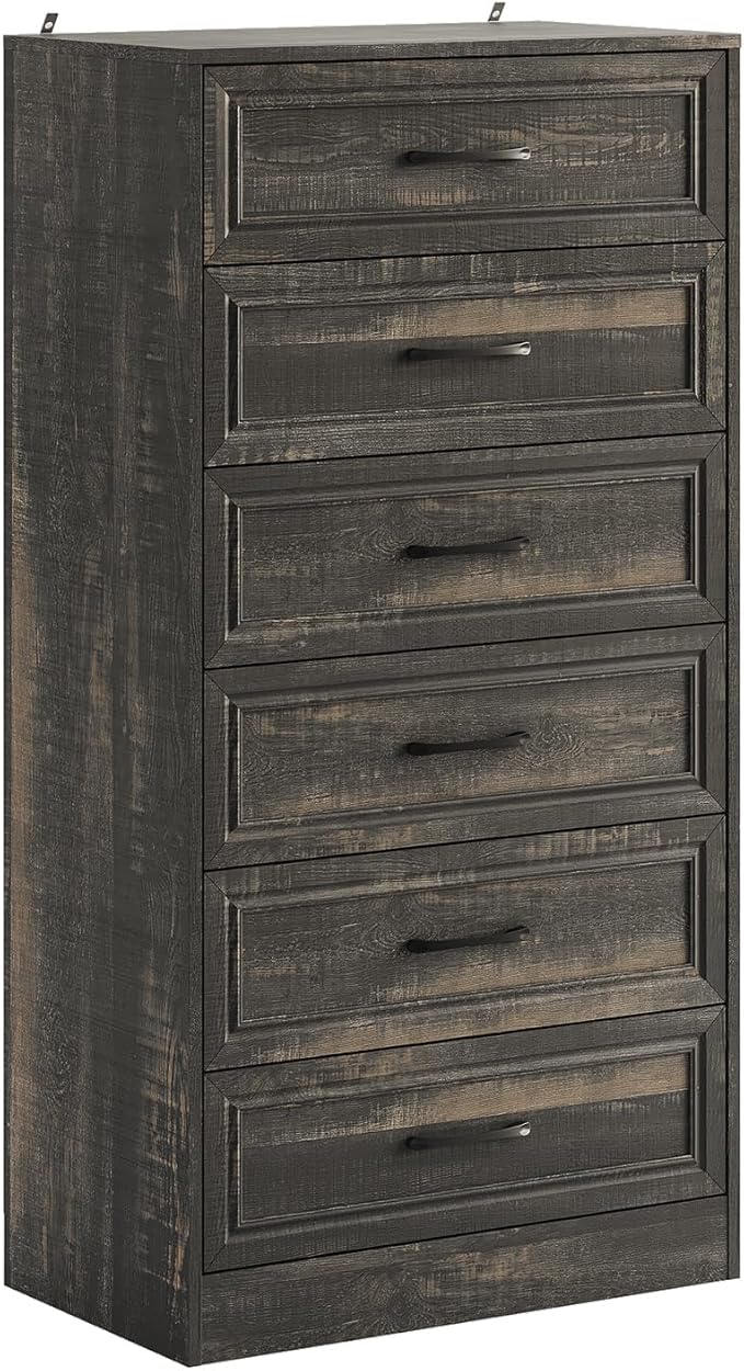 Fameill Dresser for Bedroom, Tall Dresser for Hallway, 6 Drawer Wide Dresser Organizer with Charging Station for Closet, Wood Dresser with Metal Handles, Dark Brown