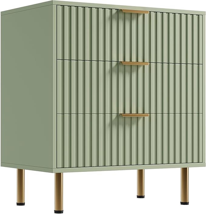 Green 3 Drawer Dresser for Bedroom, Fluted Modern Nightstand with Deep Drawers, Chest of Drawers with Wide Top, Wooden Dresser Organizer, Side Table for Living Room, Hallway, Kids Room