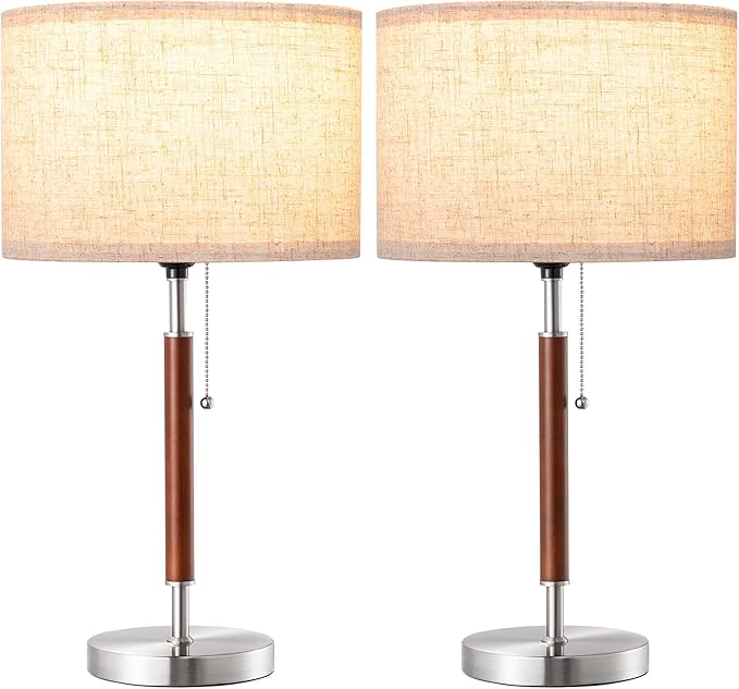 EDISHINE Mid Century Table Lamp Set of 2, Pull Chain Switch Bedside Lamp, Linen Shade, Solid Wood Pole & Brushed Nickel Metal Base, Modern Nightstand Lamp for Bedroom, Living Room, Office, E26 Base