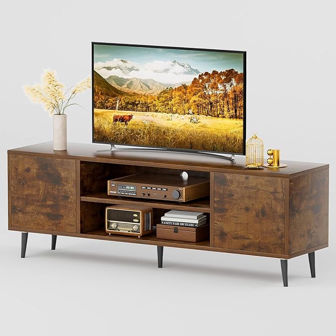 JUMMICO TV Stand for 65 Inch TV, Mid Century Modern TV Stand, Entertainment Center with Storage Cabinet and Open Shelves, TV Console Table Media Cabinet for Living Room, and Bedroom (Rustic Brown)