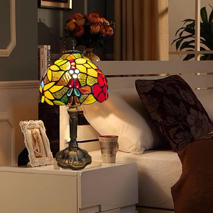 Tiffany Small Table Lamp for Bedroom Set of 2 Bedside Nightstand Lamp Rose Flower Grape Stained Glass Table Lamps for Living Room 3 Light Colors Tempertures Home Office Desk Lamps