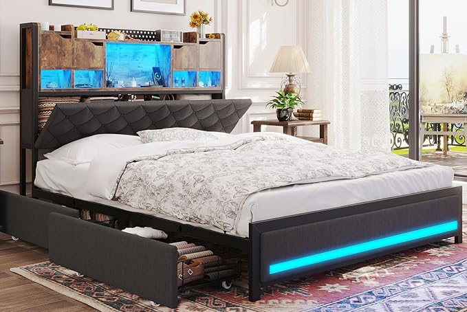 Queen Bed Frame with 4 Drawers and Hidden Storage Headboard,LED Bed Frame with Marshmallow Storage and Charging Station,Light up Queen Platform Bed,No Box Spring Needed, Easy Assembly,Vintage Brown