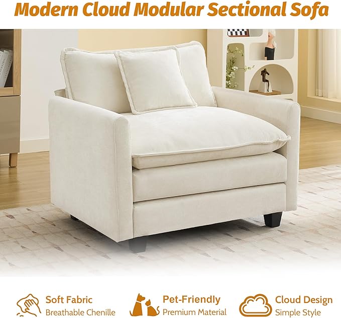 41'' Modern Chenille Oversized Chair, Upholstered Accent Living Room Chair with Extra Thicked Deep Seat, Single Lounge Chair for Bedroom, Small Apartment, Beige