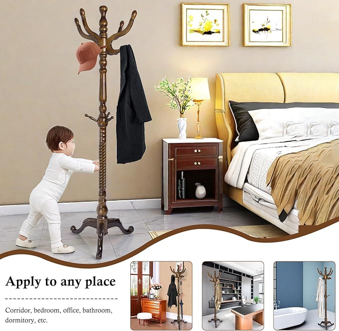 Coat Rack Stand, Solid Wooden Coat Tree with 11 Hooks, Heavy Duty Coat Rack Freestanding with Sturdy Round Base, Natural Birch Wood Coat Hanger Stand for Entryway Bedroom (brown Triangle)