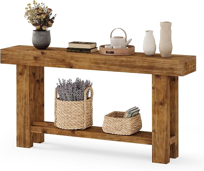 63-Inch Solid Wood Long Console Table, Farmhouse Narrow Entryway Sofa Table with 2-Tier Storage, for Living Room, Hallway, Entrance, Foyer, Rustic Brown