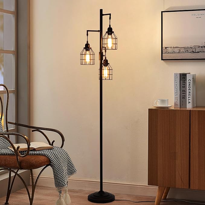 9MMML Floor Lamp for Living Room, Farmhouse Industrial Dimmable Floor lamp,3 Lights Metal Cage Tree Standing Lamp,68", 3Pcs Led Bulbs Included