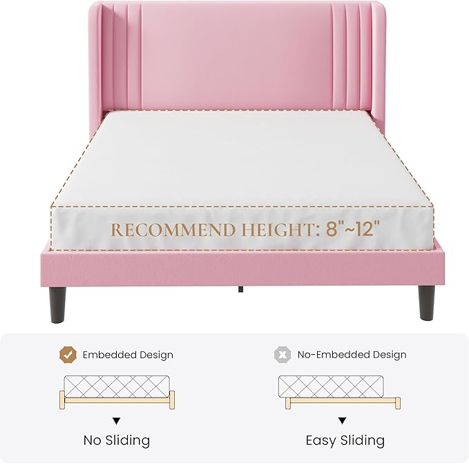 SHA CERLIN Full Size Velvet Upholstered Platform Bed Frame with Vertical Channel Tufted Wingback Headboard, Wooden Slats Support, Easy Assembly, Under Bed Storage, No Box Spring Required, Pink