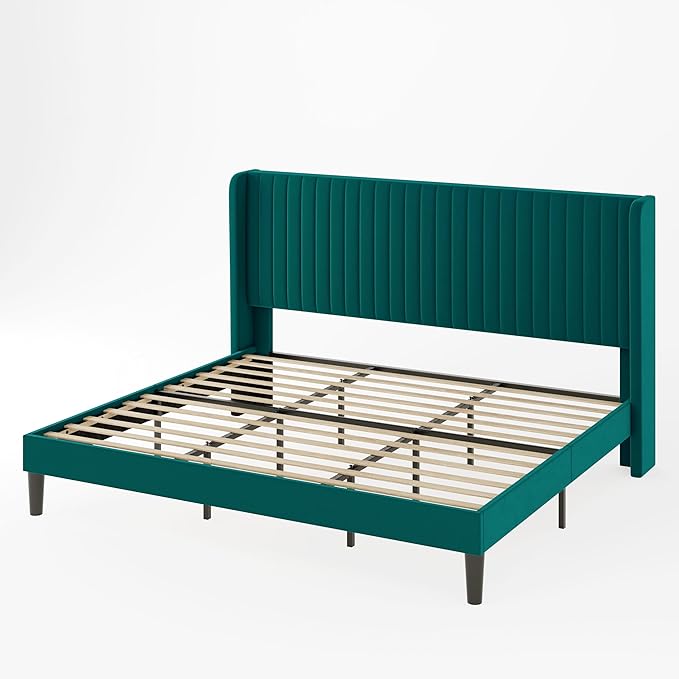Allewie King Size Bed Frame/Velvet Upholstered Platform Bed/Vertical Channel Tufted Wingback Headboard/Strong Wooden Slats/No Box Spring Needed/Easy Assembly/Teal