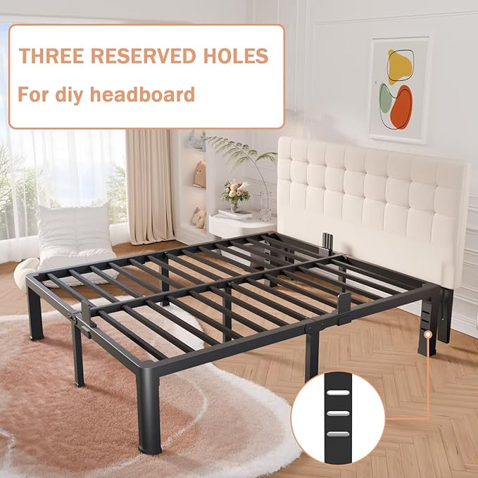 18 Inch Queen Bed Frame with Rounded Corner and Headboard Hole Mattress Retainers 3500 lbs Heavy Duty Support Metal Platform Bed Frame Noise Free No Box Spring Needed Easy Assembly