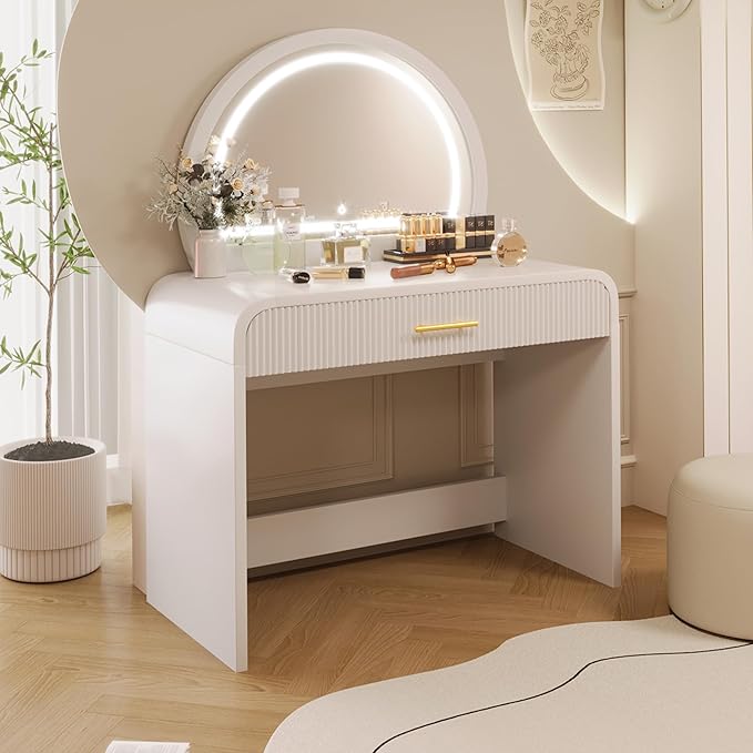 Makeup Vanity Desk with Mirror Touch Screen Lighted Mirror, Dressing Table with Storage Drawer for Bedroom