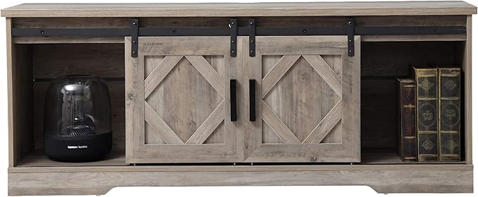 WAMPAT Farmhouse Sliding Barn Door TV Stand for TVs Up to 65 inch, Modern Storage Entertainment Center, Wood Media Console Table Cabinet 3-Level Adjustable Shelf for Living Room, Wash Grey