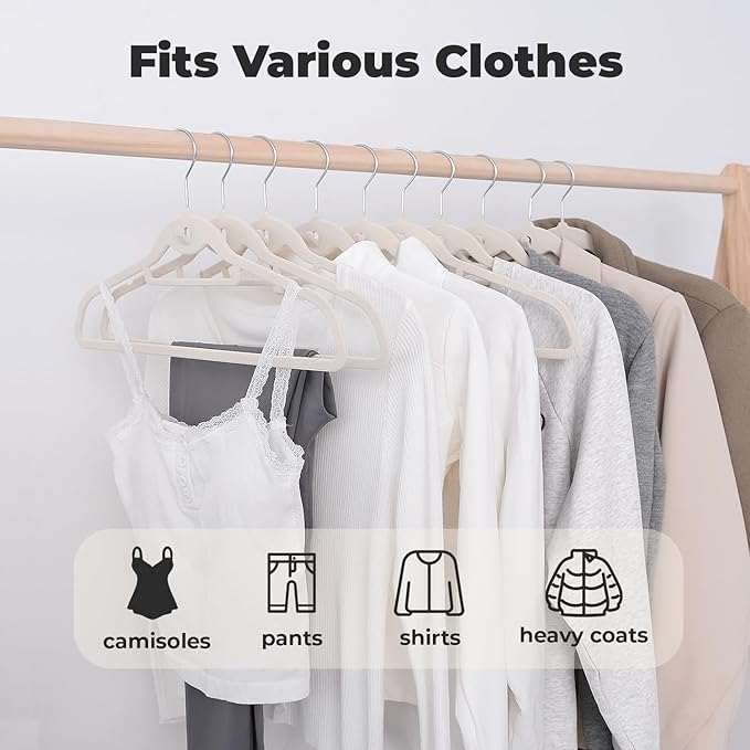 Ivory Velvet Hangers 50 Pack, Felt Covered Non Slip Fabric with Stackable Cascading Hook, Ultra Thin and Space Saving with 360° Swivel Neck, 15Lbs Capacity for Clothes, Suit, Shirt, Coat