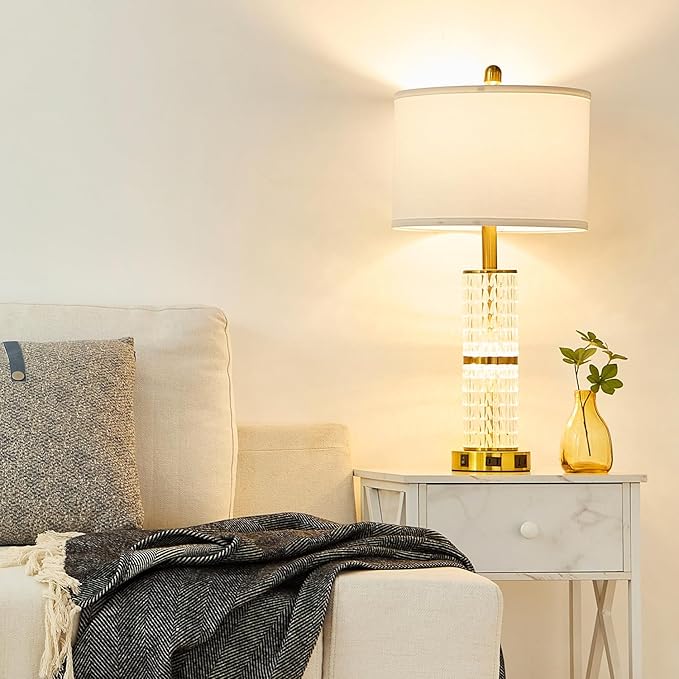 Crystal Table Lamp Set of 2, Modern Touch Lamp with Nightlight, 3-Way Dimmable Bedroom Lamp with 2 USB Ports & AC Outlets for Living Room Bedside Nightstand Lamp