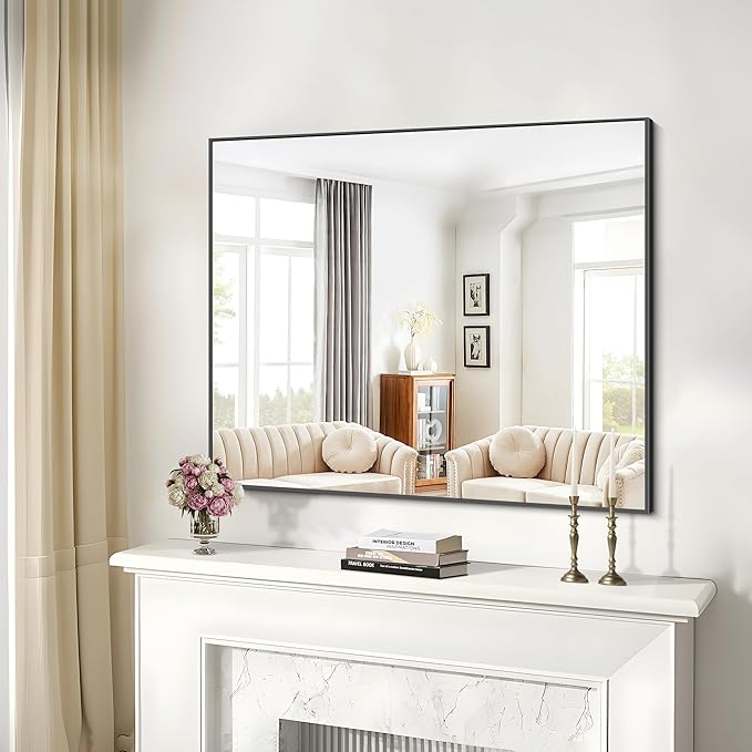36x50inch Bathroom Mirror, Black Rectangle Mirror with Thin Metal Frame, Large Rectangular Wall Mirror for Bathroom, Living Roomm, Hair Salon, Big Farmehouse Mirror Hang Horizontal/Vertical