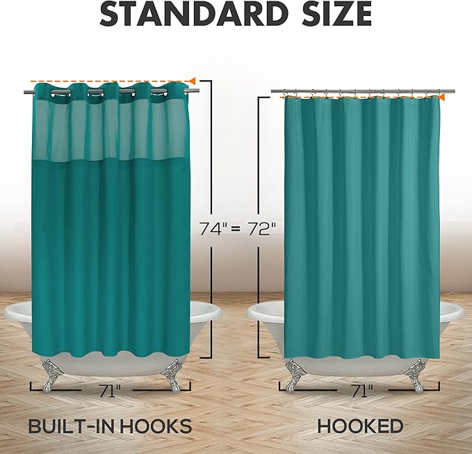 No Hook Slub Textured Shower Curtain with Snap-in PEVA Liner Set - 71" x 74"(72"), Hotel Style with See Through Top Window, Machine Washable & Water Repellent, Teal, 71x74