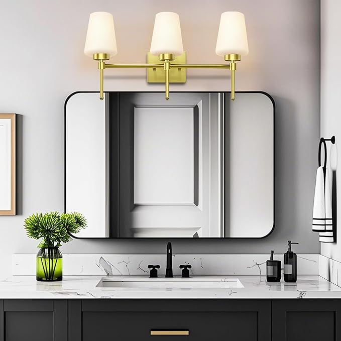 Bathroom Vanity Light Fixtures Brushed Brass Over Mirror with Milk Glass Shade Wall Sconce Lighting Lamp Bath 3-Lights (Exclude E26 Bulb)