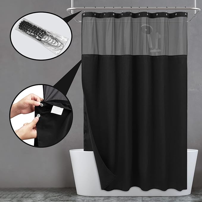 N&Y HOME Waffle Weave Shower Curtain with Snap-in Fabric Liner & 12 Black Hooks Set - Hotel Style, Water-Repellent & Washable, Mesh Top Window - 71x72, Black