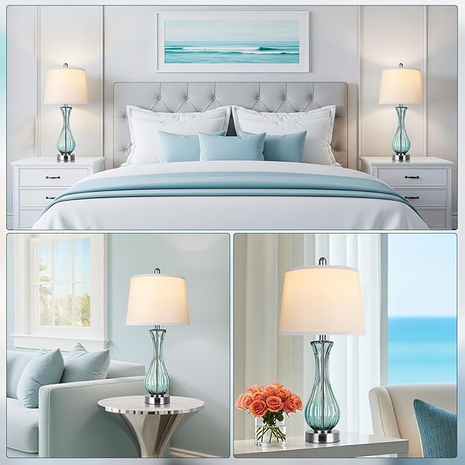 27.5" Coastal Glass Table Lamp Set of 2, 3-Way Dimmable Full Touch Control Beach Lamp with USB A+C Port, Blue Glass Nautical Bedside Lamp with White Shade for Living Room Bedroom(LED Bulbs Included)
