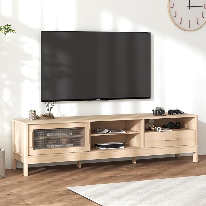 Bonzy Home Modern TV Stand with 2 Acrylic Sliding Doors and Drawers for 75 Inch TV, Modern Media TV Console with Adjustable Shelf for Bedroom,Living Room, Oak