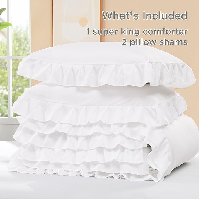 Litanika Super King Comforter Set White, 3 Pieces Boho Vintage Solid Ruffle White Comforter Bedding Set, Shabby Chic All Season Soft Lightweight Bed Set (120x120In Comforter & 2 Pillowcases)