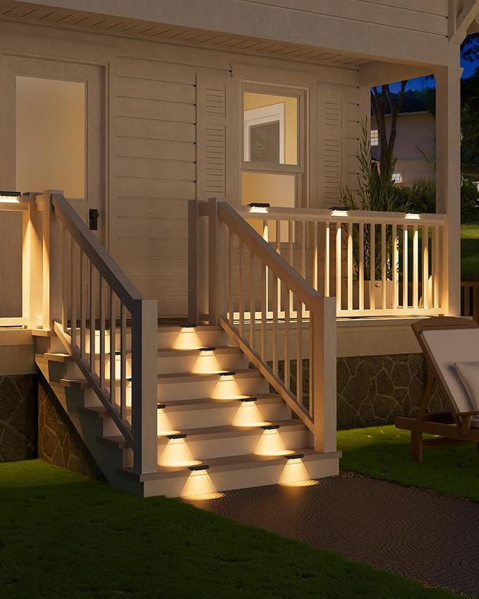 VOLISUN Solar Deck Lights 8 Pack, Warm White Glow LED Large Size Lamp, IP65 Waterproof Step Lights Outdoor for Deck, Step, Fence, Railing, Wall and Stairs (Black)