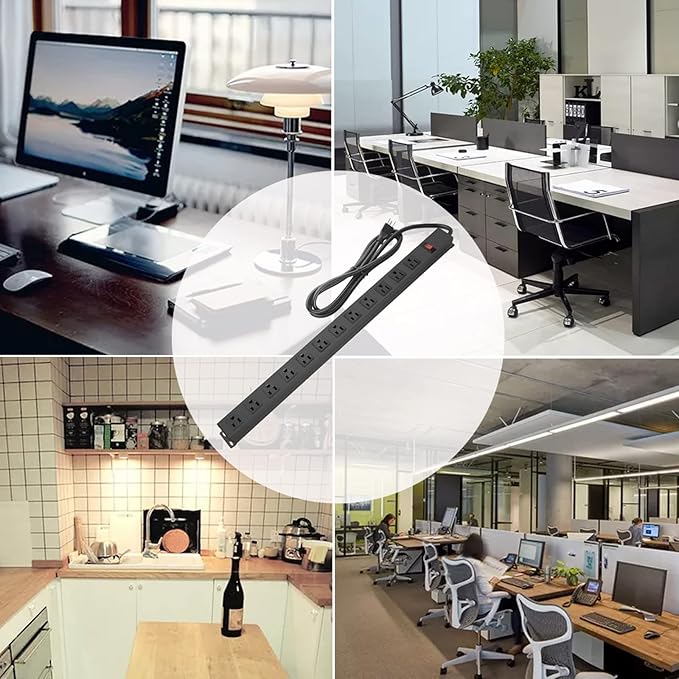 Metal Wall Mount Power Strip, Mountable Power Outlet with 12 AC Outlets, Aluminum Alloy Mount Power Socket with Switch, 3 FT SJT 3/C 14AWG Power Cord, 15A 125V 1875W (12AC)