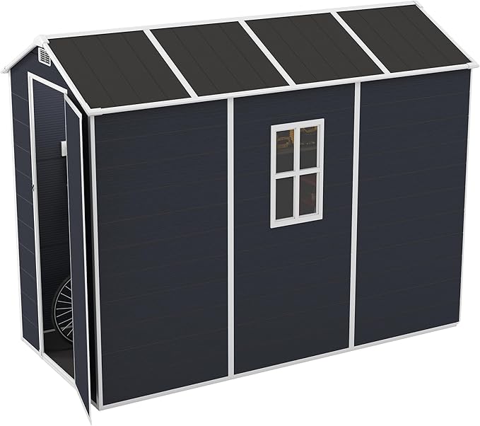 8x4 FT Outdoor Storage Resin Shed with Floor, Plastic Garden Tool Shed with Sloped Roof, Lockable Door & Windows, Easy to Assemble Bike Shed for Lawn, Backyard, Patio, Black