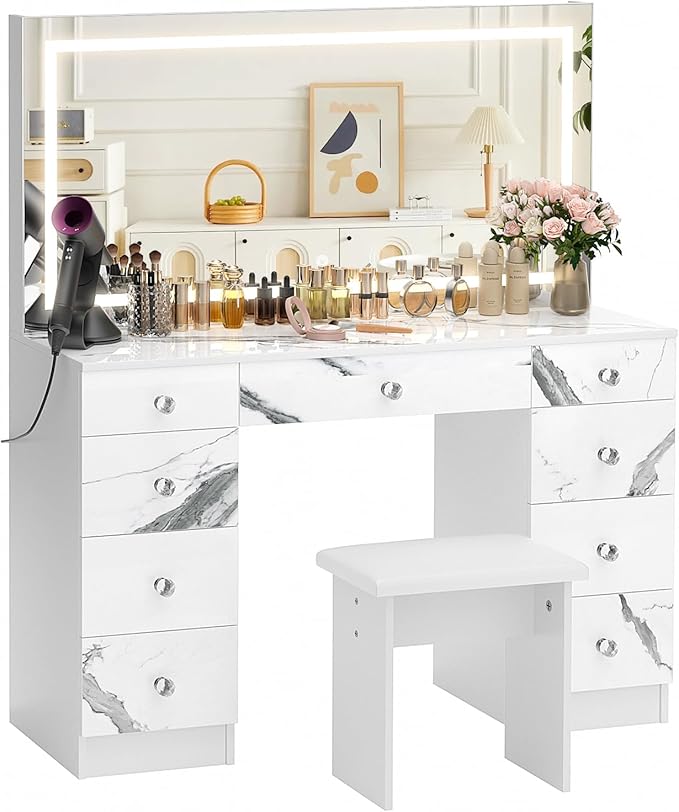 VOWNER Vanity with Lighted Mirror - 47" Makeup Vanity Desk with 9 Drawers and Power Outlet, 3 Color Lighting Modes Adjustable Brightness, Makeup Desk with Soft Cushioned Stool for Bedroom, Marble