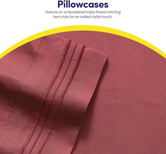 Sweet Home Collection Sheet Set, Microfiber, Burgundy, Twin XL - 3 Piece, Deep Pocket, Wrinkle & Fade Resistant
