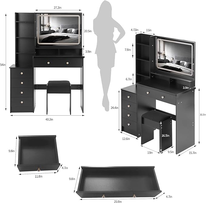 41" Vanity Desk with Mirror and Lights, Makeup Table with Led Mirror, 3 Lighting Colors, Vanity Set with Drawers and Stool for Bedroom, Black