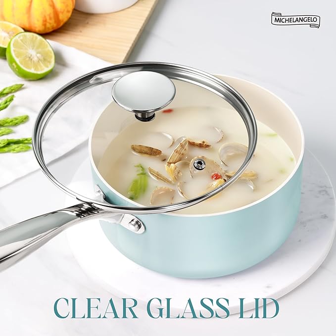 MICHELANGELO Sauce Pan with Lid, Non Stick Saucepan Set of 3-1Qt & 2Qt & 3Qt Small Pots for Cooking, Ceramic Saucepan - Non-Toxic, Scratch-Resistant, Oven Safe, Light Blue