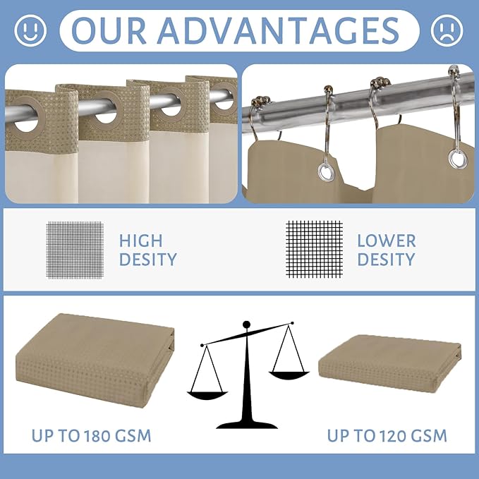 Furlinic No Hook Waffle Weave Shower Curtain with Snap in Fabric Liner,Honeycomb Textured Bathroom Curtains with See Through Top Window,Waterproof & Machine Washable,Beige,71x78 Inch