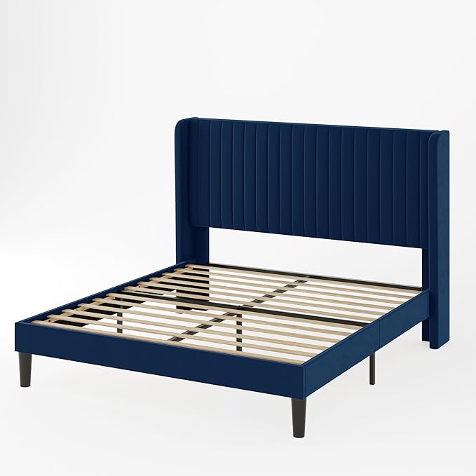 Allewie Full Size Velvet Bed Frame/Vertical Channel Tufted Wingback Headboard/Upholstered Platform Bed/Strong Wooden Slats/No Box Spring Needed/Easy Assembly/Blue