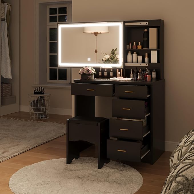 Makeup Vanity Desk with Mirror and Lights, Vanity Desk with 5 Drawers & Storage Shelves, Makeup Vanity Set with Cushioned Stool, 3 Modes Adjustable Sliding LED Mirror for Bedroom, Black