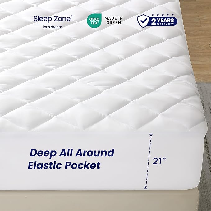 SLEEP ZONE Mattress Cover Queen Size Bed, Quilted Fitted Mattress Pad, Deep Pocket Mattress Protector Stretches up to 21 inches, Pillowtop Breathable Mattress Topper (White, 60x80)