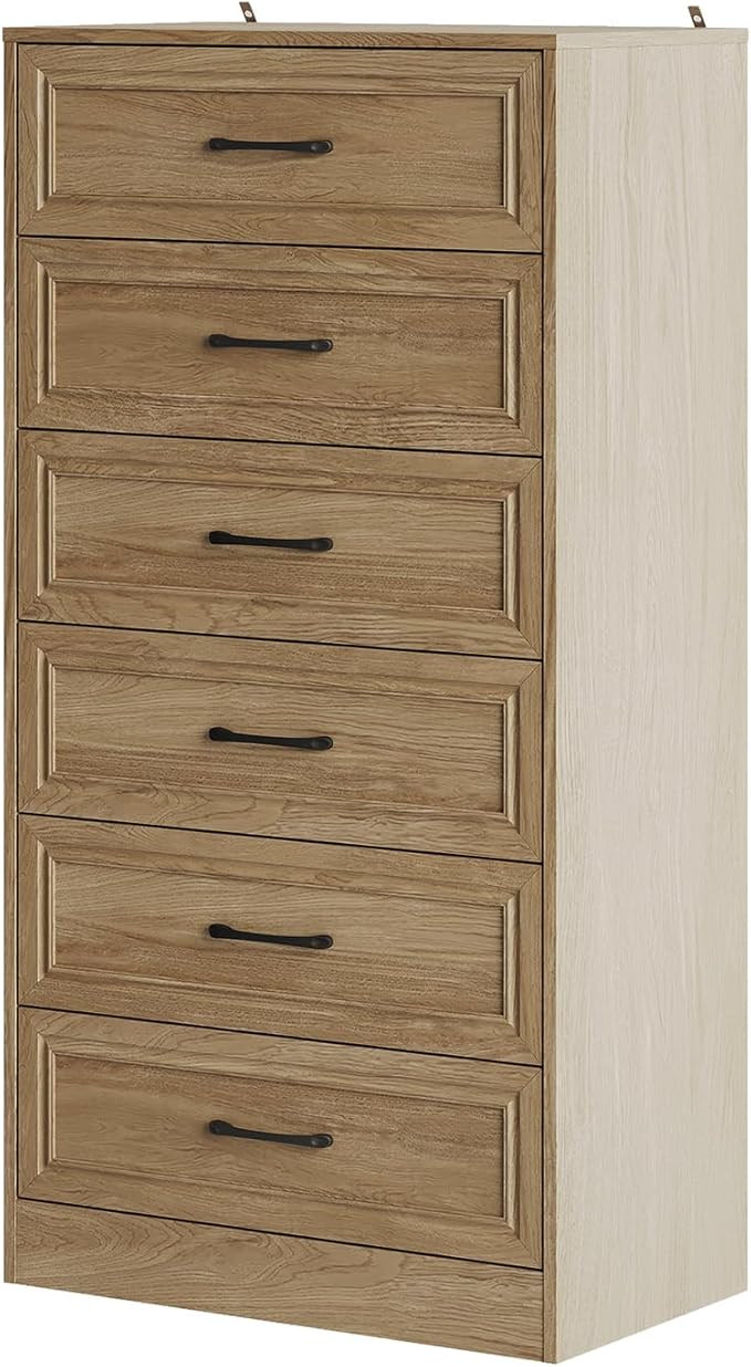 Fameill Dresser for Bedroom, Tall Dresser for Hallway, 6 Drawer Wide Dresser Organizer with Charging Station for Closet, Wood Dresser with Metal Handles, Oak