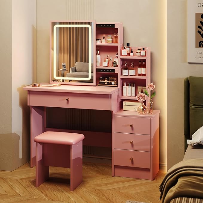 Vanity Desk with Mirror and Lights, Makeup Vanity with 3 Adjustable Lighting Modes, Small Vanity Desk with Sliding Mirror, 4 Drawers, 7 Shelves, Vanity Chair for Bedroom, Pink