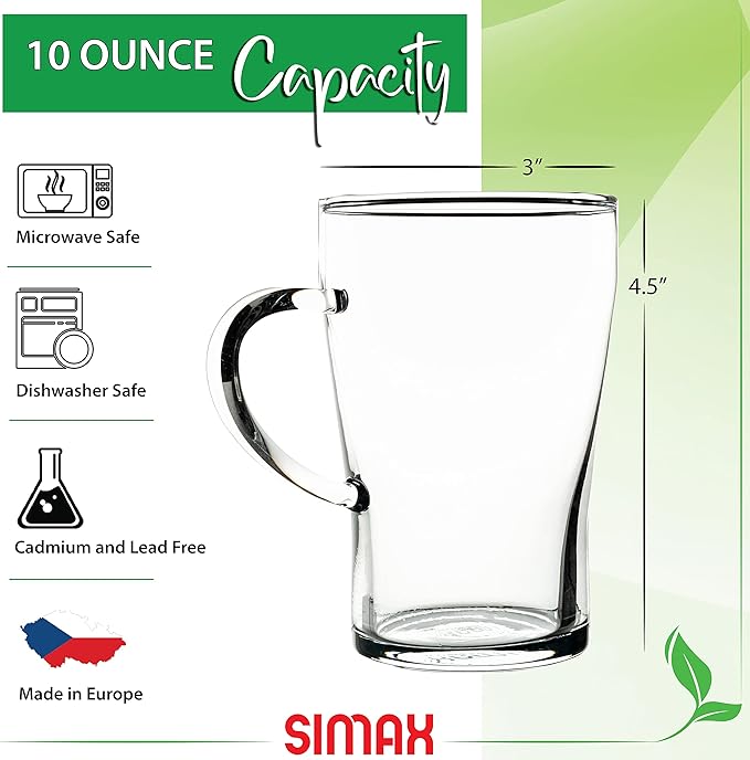 Simax Glassware Clear Glass Coffee Mug Set | Cold, Heat, and Shock Resistant Borosilicate Glass, Microwave and Dishwasher Safe, Includes Four (4) 10 Ounce Cups