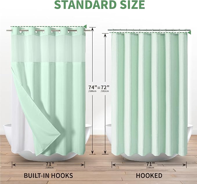 Mint Green No Hook Shower Curtain with Snap-in Fabric Liner Set,Slub Textured Fabric Shower Curtains for Bathroom,Hotel Style Modern Shower Curtain,Water Repellent & Washable,71x74(72)