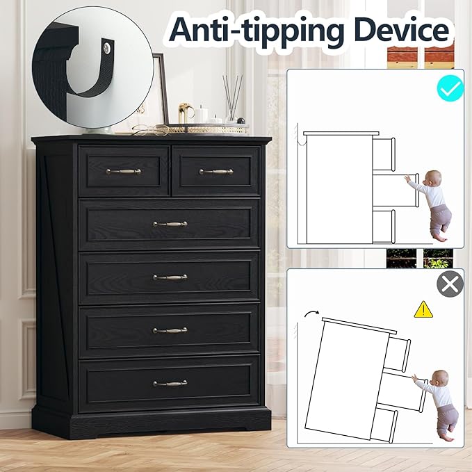 Dresser for Bedroom with 6 Drawer, 43'' Tall Dresser for Closet, Farmhouse Wooden Chest of Drawers with Natural Wood Texture, Vintage Storage Organizer for Living Room, Hallway, Black