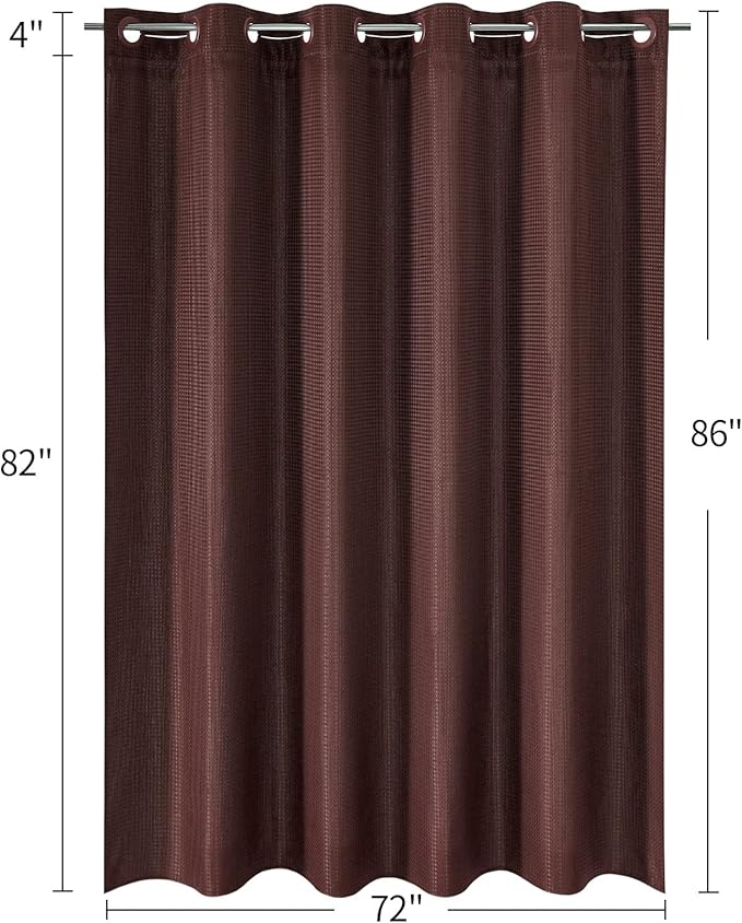 MitoVilla No Hooks Required Extra Long Shower Curtain Set with Snap-in Liner, 86 inch XL Brown Waffle Heavyweight Fabric Cloth Shower Curtains for Modern Luxury Hotel & Spa Bathroom Decor