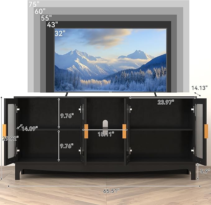 65 Inch Black TV Stand for TVs up to 70+ inch, Mid Century Modern Glass Door TV Console Table, Entertainment Center with Storage Cabinet, Wood Media Console for Bedroom, Living Room (Black)