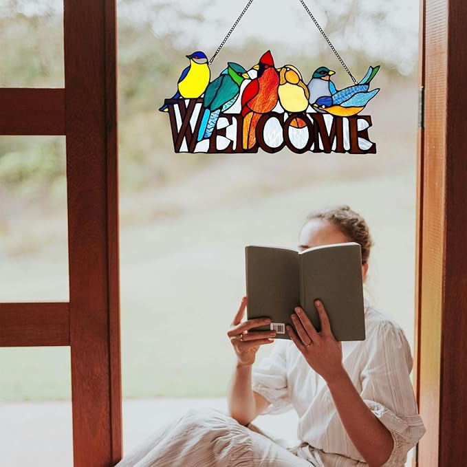 6 Birds Stained Glass Welcome Sign for Front Door Window Hanging Suncatcher, Handmade Tiffany Style Outdoor Welcome Signs Decor Gifts for Mom, Women, Bird Lovers, Bless This Home
