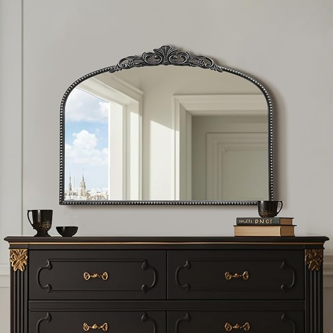 Micasso Black Vintage Wall Mirror: 24"x 32" French Baroque Antique Arched Wall Mounted Mirror - Traditional Ornate Decorative Entryway Mirror for Home Decor/Entryway/Fireplace/Living Room/Hallway