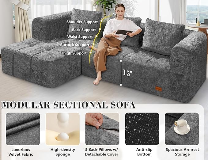 HABUTWAY 105" L-Shaped Modular Sectional Sofa, No Assembly Required Deep Seat Couch with 3 Pillows, Soft Fabric Upholstered, Modern Chaise Lounge for Living Room, Bedroom,Black (Grey)