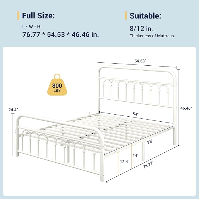Allewie 14 Inches Full Size Metal Platform Bed Frame with Victorian Style Curved Iron-Art Headboard/Footboard, Metal Slats Support, Easy Assembly, Under Bed Storage, No Box Spring Required, White
