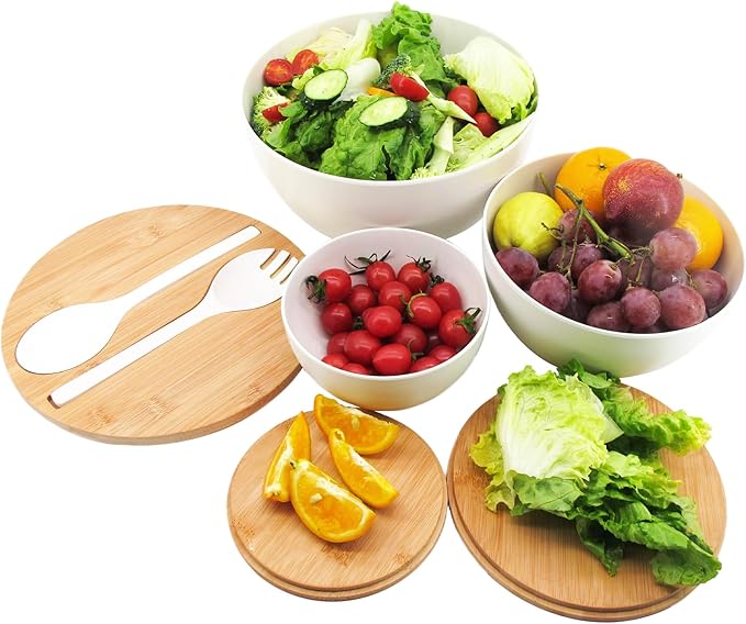 Salad Bowls Set of 3 with Lid & Serving Utensils, Bamboo Fiber Mixing Bowls Set Large Serving Bowls & Storage Set with Bamboo Lid for Salad, Kitchen Eating, Pasta, Popcorn, Chips, Fruit, White