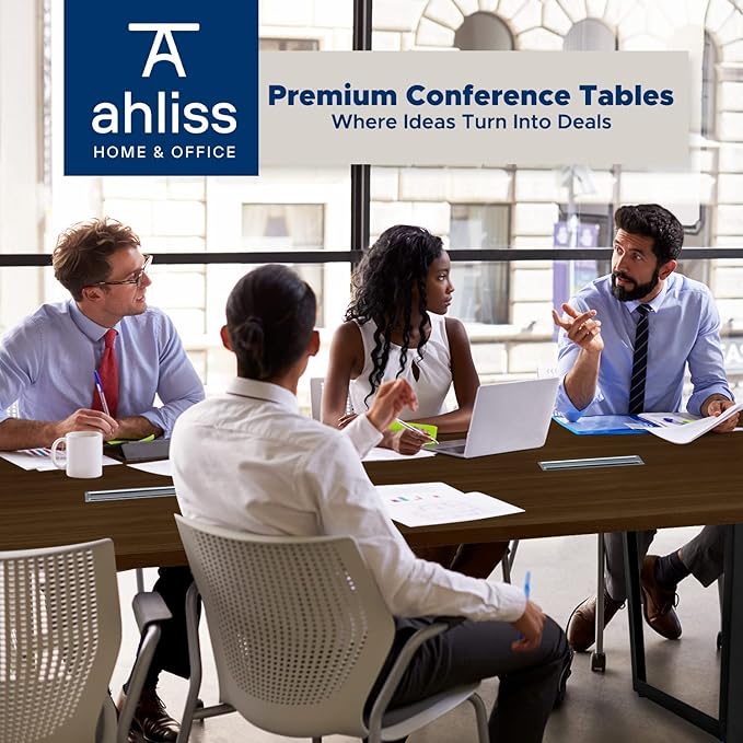 Sturdy Conference Table with Cable Management Grommets Modern Rectangle Office Meeting Table with Wood Tabletop and Metal Frame & Legs- Easy Assembly Boardroom Table (Dark Brown, 8 Foot)