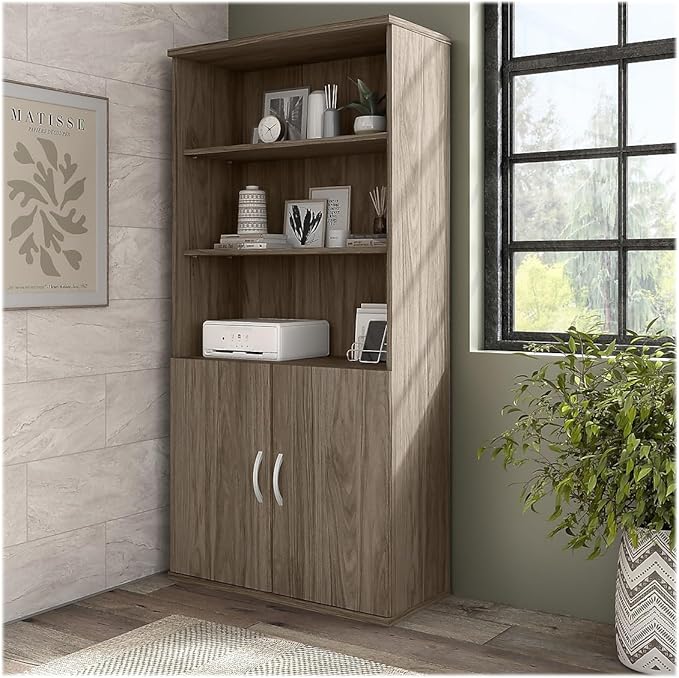 Bush Business Furniture Hybrid Tall 5 Shelf Bookcase in Modern Hickory