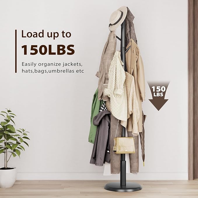 Solid Wood Coat Rack Freestanding Coat Tree with 10 Hooks for Bedroom, Livingroom, Entryway, Sturdy Coat Hanger Stand for Hats, Coats, Scarves, Handbags, Purses